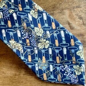 Vintage 100% Silk Wine & Cork Print Tie | Made in Korea | 4”